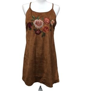 Blu Pepper Floral Embroidered Brown Suede Babydoll Strap Dress Size Small